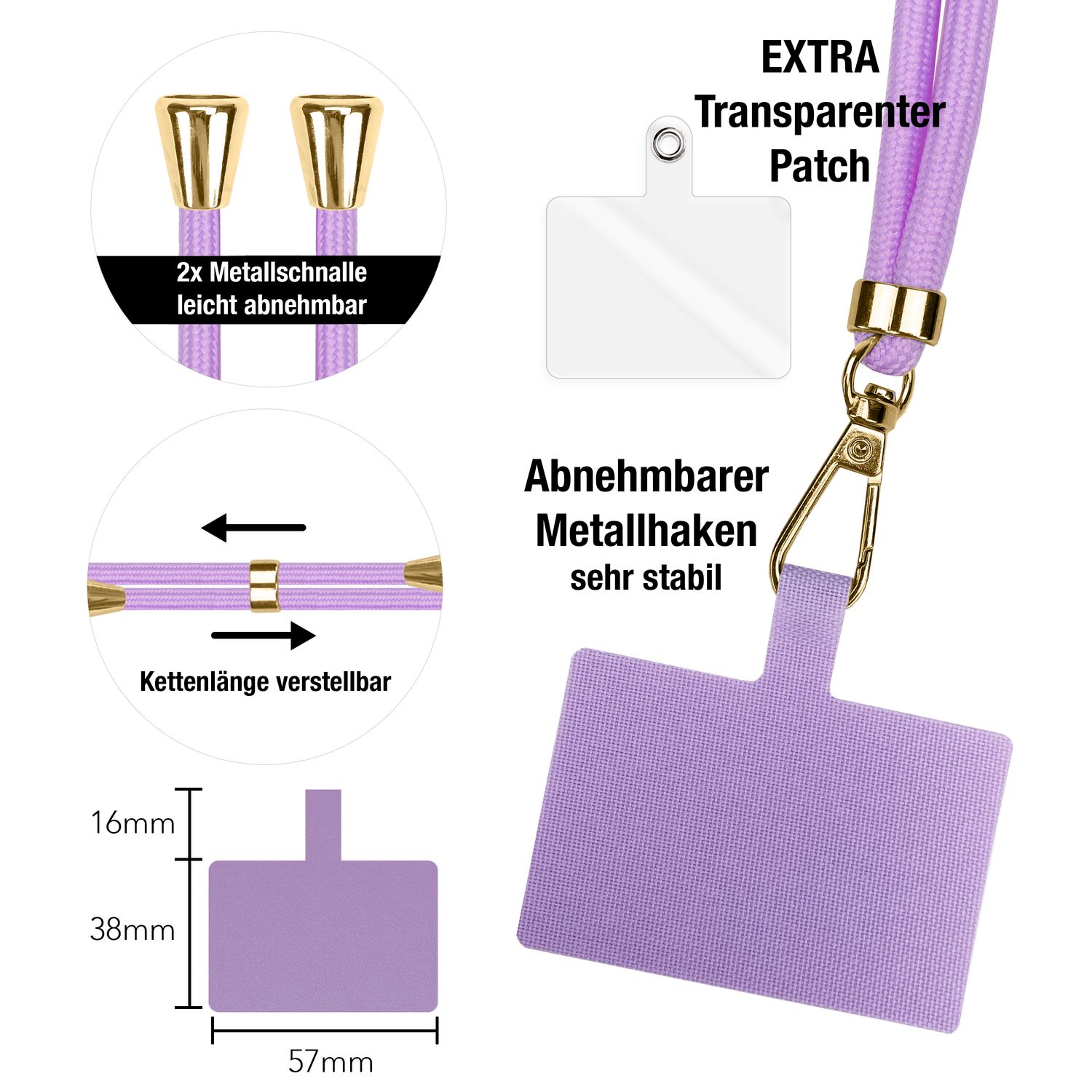 NALIA Universal-Kette mit Pad, Band für Handy-Hülle zum Umhängen, Karabinerhaken aus Metall (gold), Schlüsselband Umhängeband 160 CM, Crossbody Lanyard Lila NALIA Universal Handykette