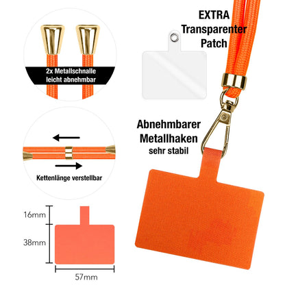 NALIA Universal-Kette mit Pad, Band für Handy-Hülle zum Umhängen, Karabinerhaken aus Metall (gold), Schlüsselband Umhängeband 160 CM, Crossbody Lanyard Orange NALIA Universal Handykette