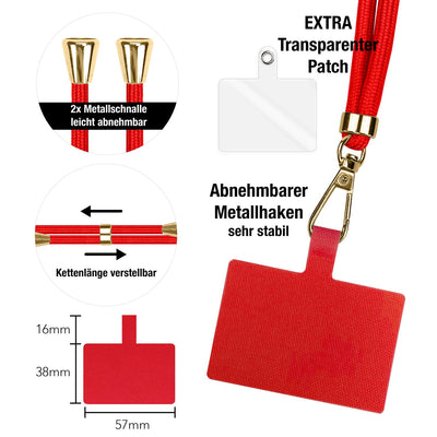 NALIA Universal Handykette für alle Smartphones – Robuste Kordel & 2 Patches – HOLDME AIR (Klassisches Lanyard mit Goldenem Karabiner) – Marke aus Berlin
