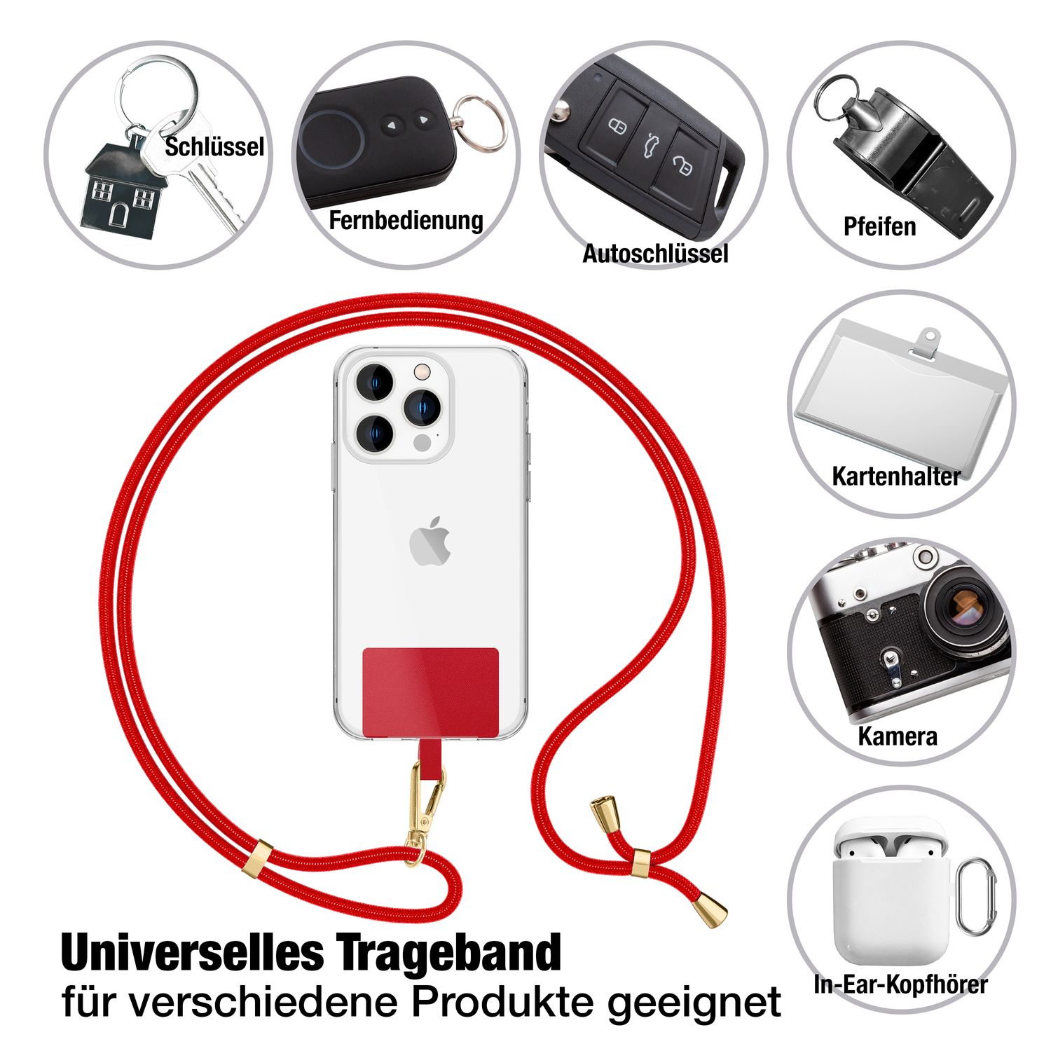 NALIA Universal-Kette mit Pad, Band für Handy-Hülle zum Umhängen, Karabinerhaken aus Metall (gold), Schlüsselband Umhängeband 160 CM, Crossbody Lanyard Rot NALIA Universal Handykette