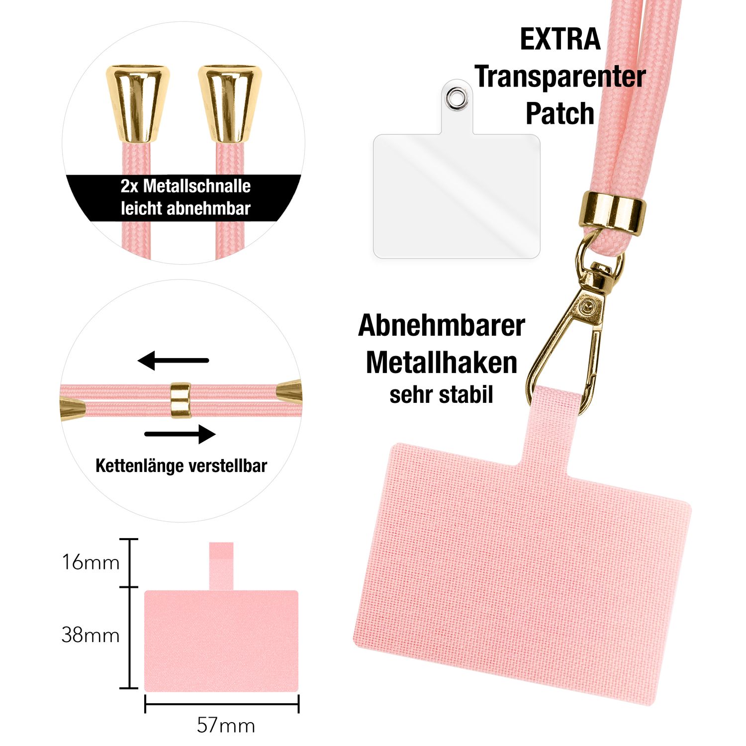 NALIA Universal-Kette mit Pad, Band für Handy-Hülle zum Umhängen, Karabinerhaken aus Metall (gold), Schlüsselband Umhängeband 160 CM, Crossbody Lanyard Pastell Rosa NALIA Universal Handykette
