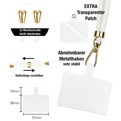 NALIA Universal Handykette für alle Smartphones – Robuste Kordel & 2 Patches – HOLDME AIR (Klassisches Lanyard mit Goldenem Karabiner) – Marke aus Berlin