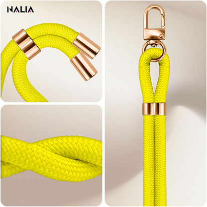 NALIA HoldMe Universal Handykette für Smartphone & Handyhüllen, Nylon-Seil Verstellbar & Abnehmbar, Umhänge-Band, Handyband, Lanyard mit Karabiner & 2 Patches Neon Gelb NALIA Universal Handykette