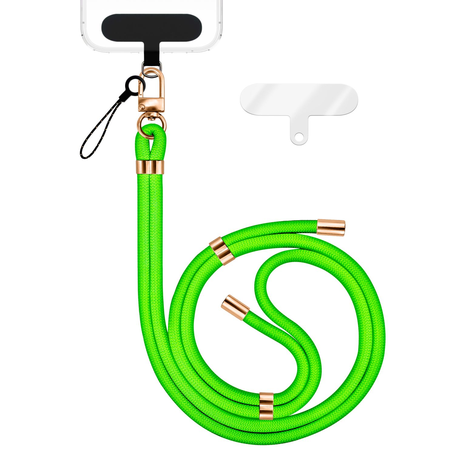 NALIA HoldMe Universal Handykette für Smartphone & Handyhüllen, Nylon-Seil Verstellbar & Abnehmbar, Umhänge-Band, Handyband, Lanyard mit Karabiner & 2 Patches Neon Grün NALIA Universal Handykette