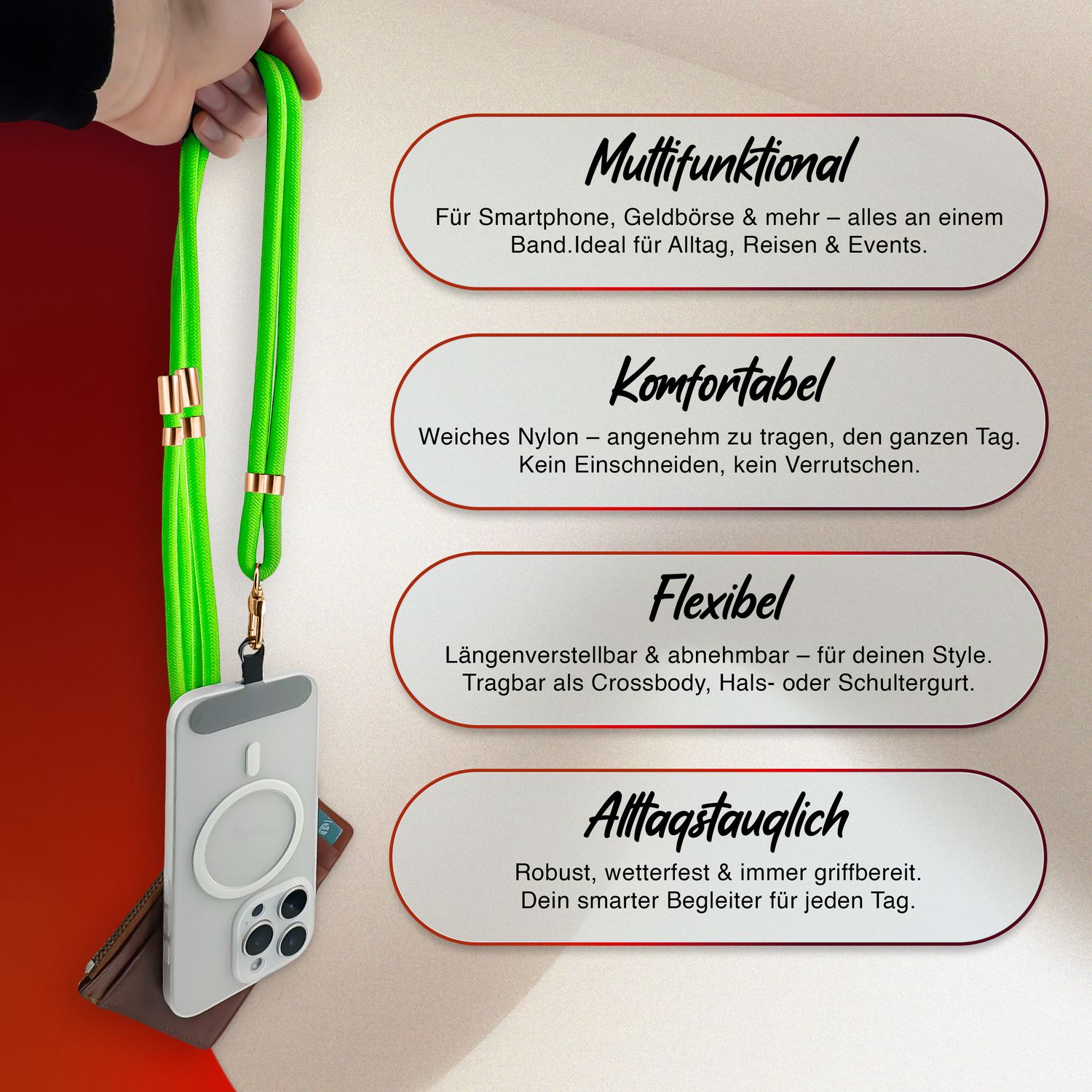 NALIA HoldMe Universal Handykette für Smartphone & Handyhüllen, Nylon-Seil Verstellbar & Abnehmbar, Umhänge-Band, Handyband, Lanyard mit Karabiner & 2 Patches Neon Grün NALIA Universal Handykette