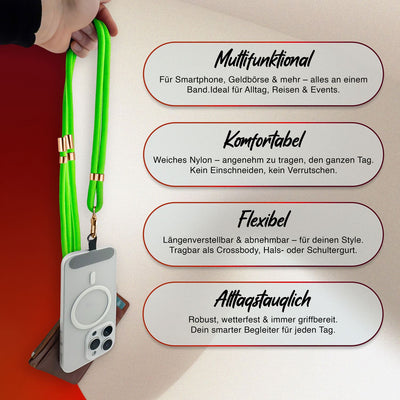 NALIA Universal Handykette für alle Smartphones – Premium Komfort-Nylon & 2 Patches – HOLDME (Geflochtenes Lanyard mit Gold-Karabiner) – Marke aus Berlin Neon Grün NALIA Universal Handykette