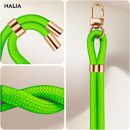 NALIA HoldMe Universal Handykette für Smartphone & Handyhüllen, Nylon-Seil Verstellbar & Abnehmbar, Umhänge-Band, Handyband, Lanyard mit Karabiner & 2 Patches Neon Grün NALIA Universal Handykette
