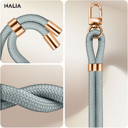 NALIA HoldMe Universal Handykette für Smartphone & Handyhüllen, Nylon-Seil Verstellbar & Abnehmbar, Umhänge-Band, Handyband, Lanyard mit Karabiner & 2 Patches Hellgrau NALIA Universal Handykette