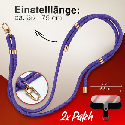 NALIA HoldMe Universal Handykette für Smartphone & Handyhüllen, Nylon-Seil Verstellbar & Abnehmbar, Umhänge-Band, Handyband, Lanyard mit Karabiner & 2 Patches Blau Lila NALIA Universal Handykette
