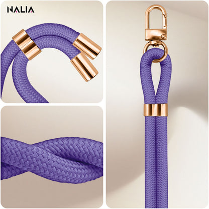 NALIA HoldMe Universal Handykette für Smartphone & Handyhüllen, Nylon-Seil Verstellbar & Abnehmbar, Umhänge-Band, Handyband, Lanyard mit Karabiner & 2 Patches Blau Lila NALIA Universal Handykette