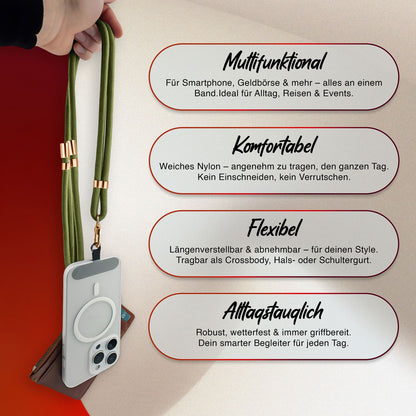 NALIA HoldMe Universal Handykette für Smartphone & Handyhüllen, Nylon-Seil Verstellbar & Abnehmbar, Umhänge-Band, Handyband, Lanyard mit Karabiner & 2 Patches Oliv Grün NALIA Universal Handykette