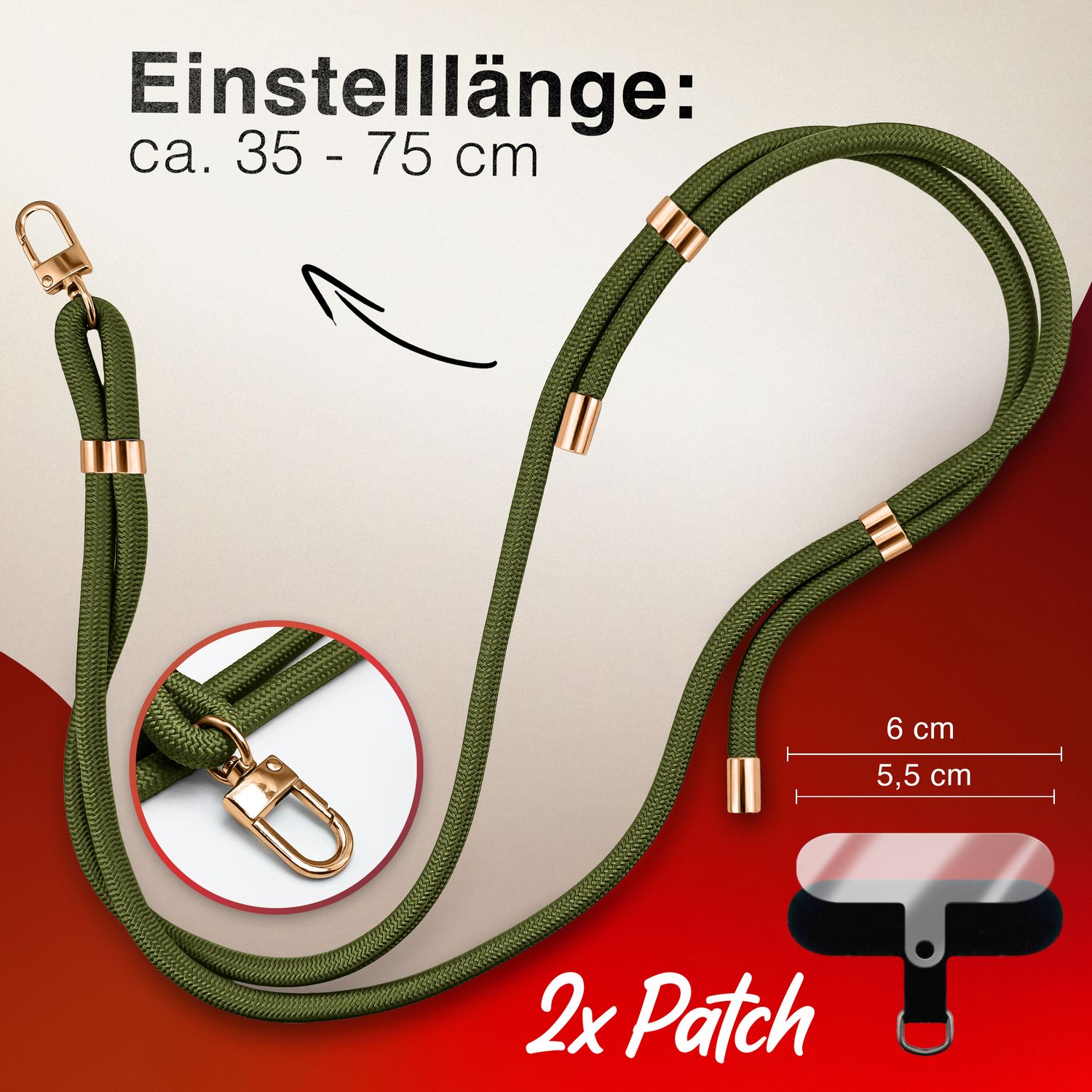 NALIA HoldMe Universal Handykette für Smartphone & Handyhüllen, Nylon-Seil Verstellbar & Abnehmbar, Umhänge-Band, Handyband, Lanyard mit Karabiner & 2 Patches Oliv Grün NALIA Universal Handykette
