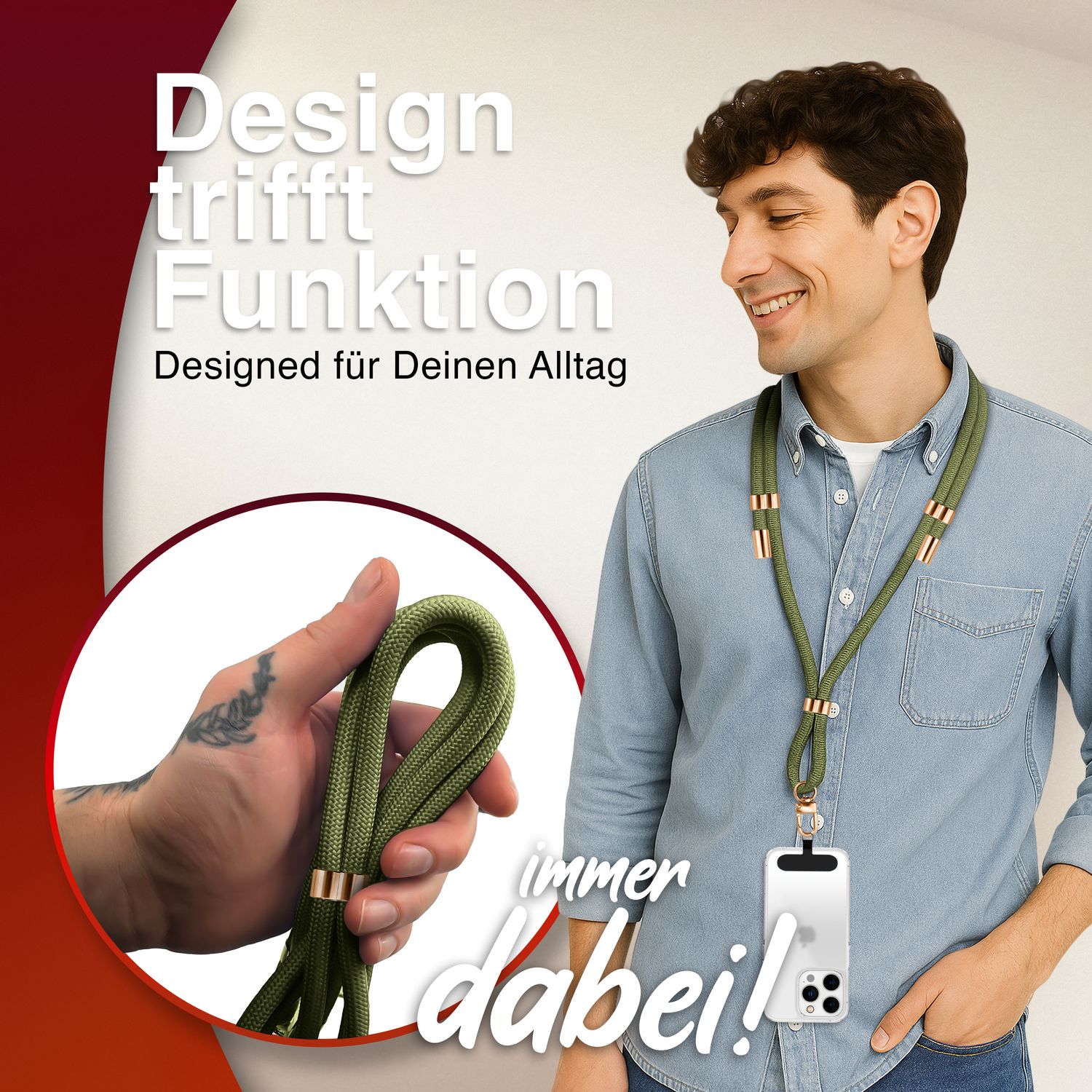 NALIA Universal Handykette für alle Smartphones – Premium Komfort-Nylon & 2 Patches – HOLDME (Geflochtenes Lanyard mit Gold-Karabiner) – Marke aus Berlin Oliv Grün NALIA Universal Handykette