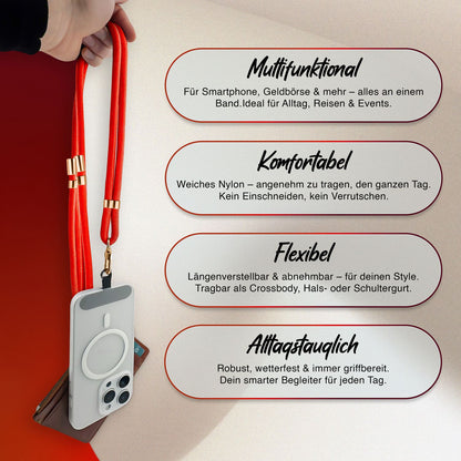 NALIA HoldMe Universal Handykette für Smartphone & Handyhüllen, Nylon-Seil Verstellbar & Abnehmbar, Umhänge-Band, Handyband, Lanyard mit Karabiner & 2 Patches Neon Orange NALIA Universal Handykette