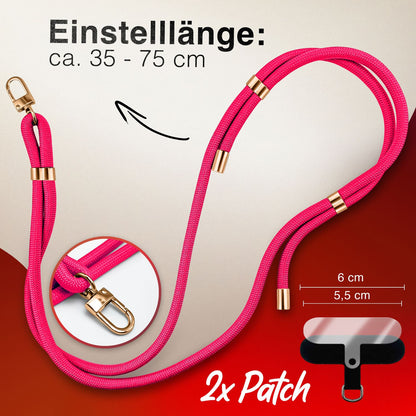 NALIA HoldMe Universal Handykette für Smartphone & Handyhüllen, Nylon-Seil Verstellbar & Abnehmbar, Umhänge-Band, Handyband, Lanyard mit Karabiner & 2 Patches Neon Pink NALIA Universal Handykette