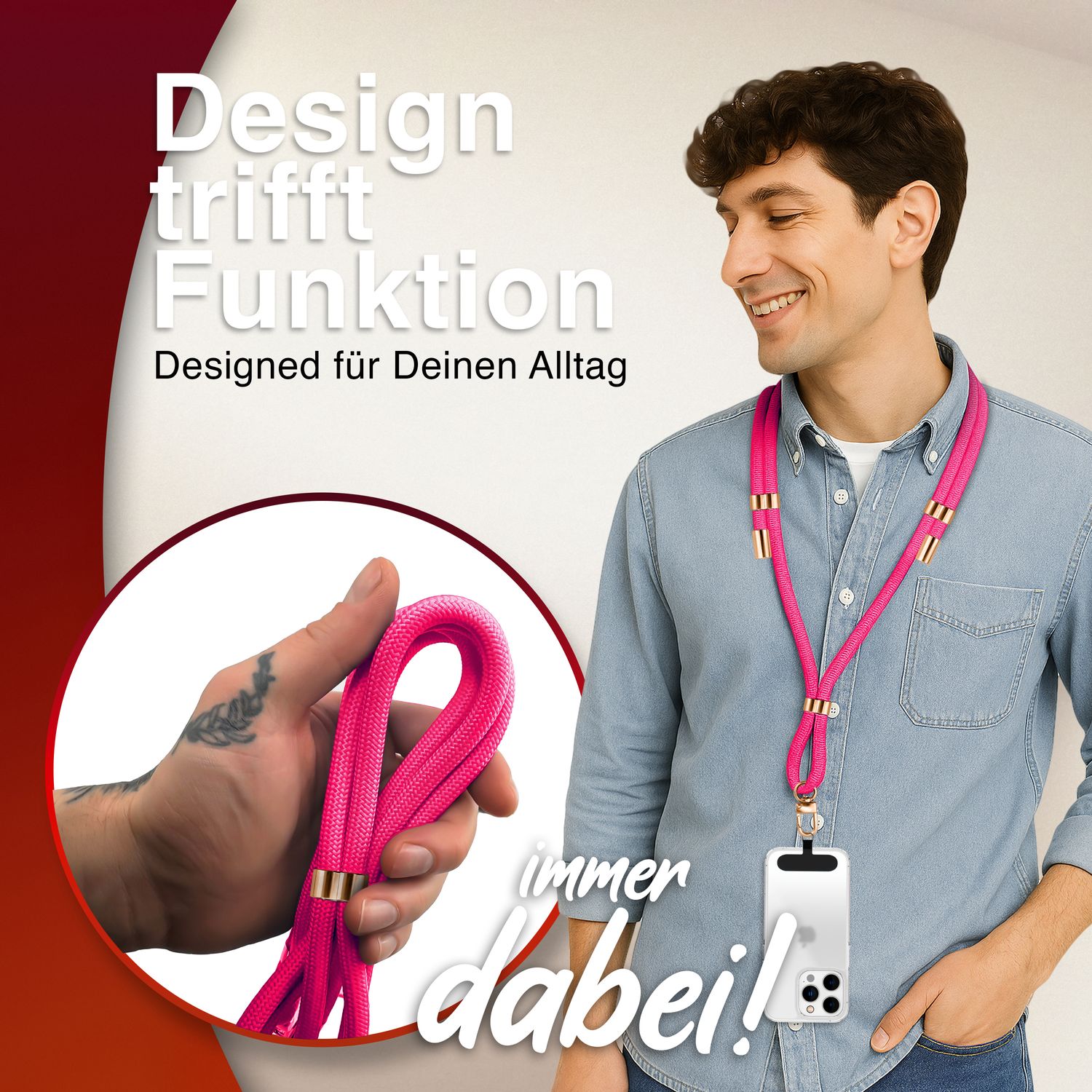 NALIA HoldMe Universal Handykette für Smartphone & Handyhüllen, Nylon-Seil Verstellbar & Abnehmbar, Umhänge-Band, Handyband, Lanyard mit Karabiner & 2 Patches Neon Pink NALIA Universal Handykette