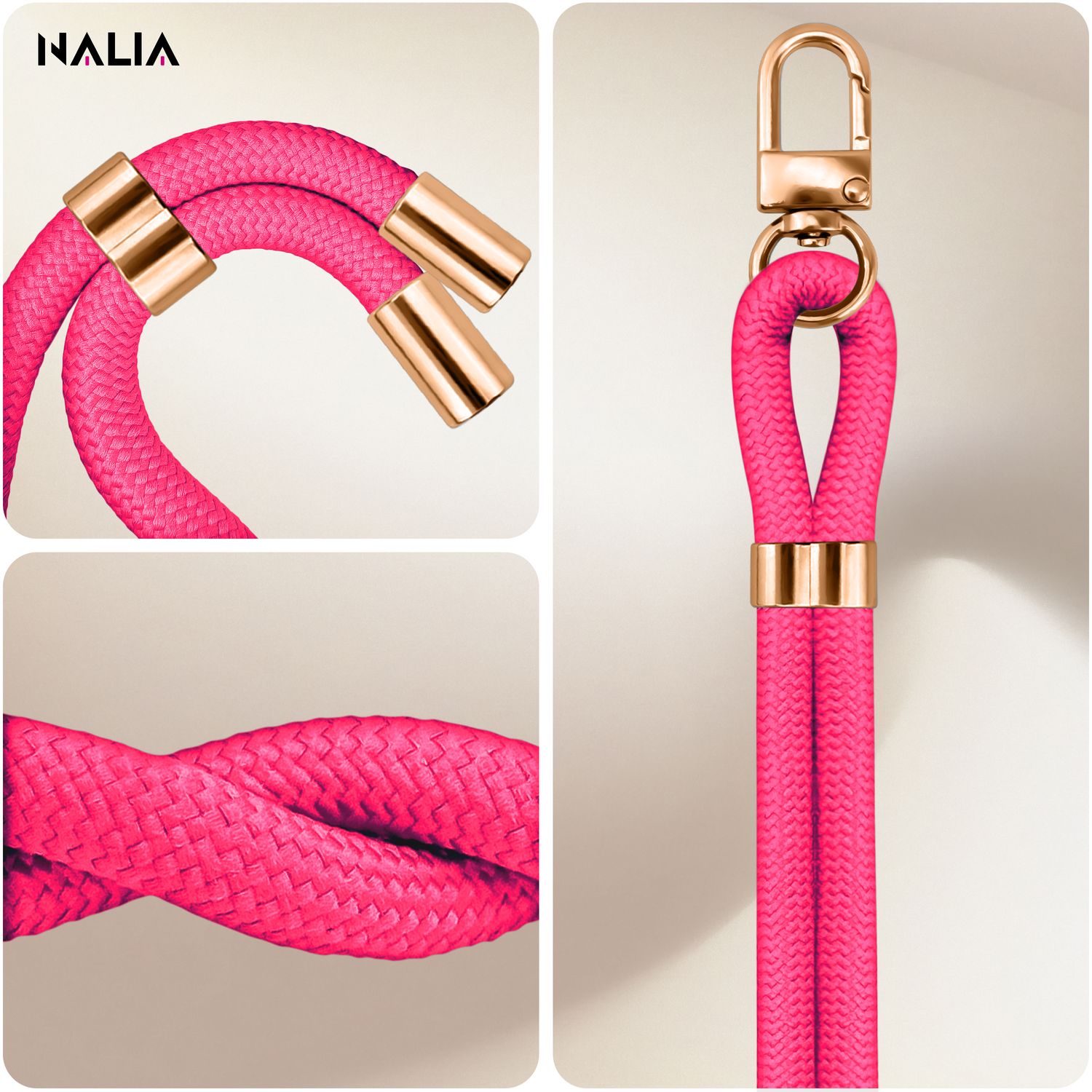 NALIA HoldMe Universal Handykette für Smartphone & Handyhüllen, Nylon-Seil Verstellbar & Abnehmbar, Umhänge-Band, Handyband, Lanyard mit Karabiner & 2 Patches Neon Pink NALIA Universal Handykette