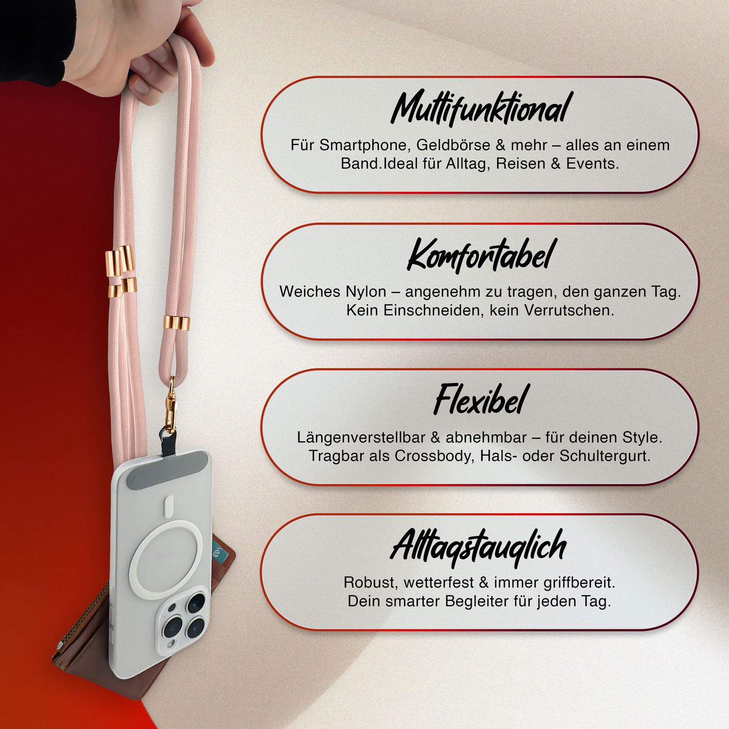 NALIA HoldMe Universal Handykette für Smartphone & Handyhüllen, Nylon-Seil Verstellbar & Abnehmbar, Umhänge-Band, Handyband, Lanyard mit Karabiner & 2 Patches Rosa NALIA Universal Handykette