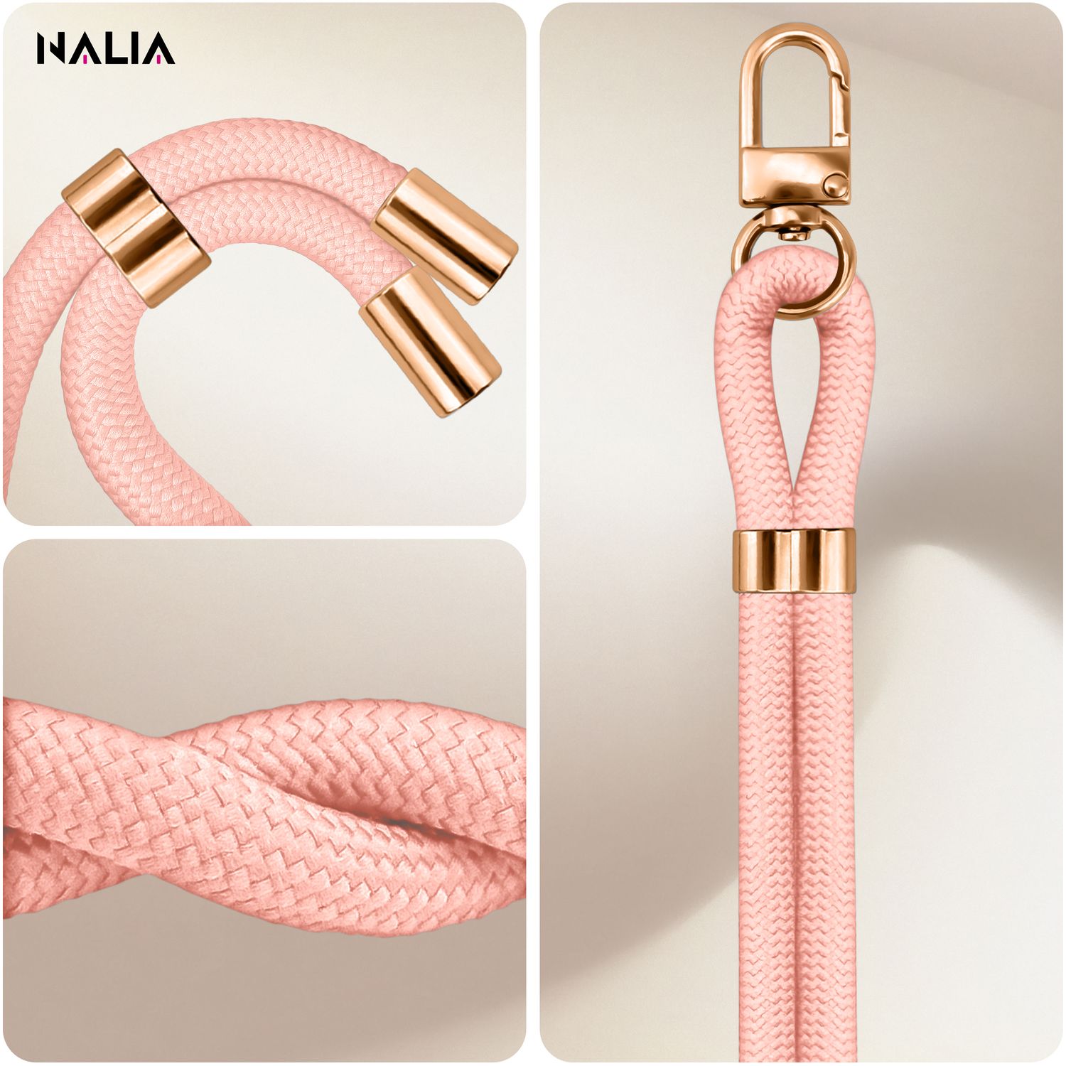 NALIA HoldMe Universal Handykette für Smartphone & Handyhüllen, Nylon-Seil Verstellbar & Abnehmbar, Umhänge-Band, Handyband, Lanyard mit Karabiner & 2 Patches Rosa NALIA Universal Handykette