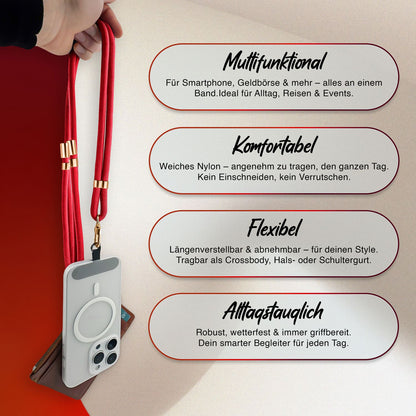 NALIA HoldMe Universal Handykette für Smartphone & Handyhüllen, Nylon-Seil Verstellbar & Abnehmbar, Umhänge-Band, Handyband, Lanyard mit Karabiner & 2 Patches Rot NALIA Universal Handykette