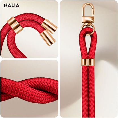 NALIA HoldMe Universal Handykette für Smartphone & Handyhüllen, Nylon-Seil Verstellbar & Abnehmbar, Umhänge-Band, Handyband, Lanyard mit Karabiner & 2 Patches Rot NALIA Universal Handykette