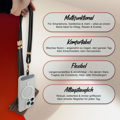 NALIA HoldMe Universal Handykette für Smartphone & Handyhüllen, Nylon-Seil Verstellbar & Abnehmbar, Umhänge-Band, Handyband, Lanyard mit Karabiner & 2 Patches Schwarz NALIA Universal Handykette