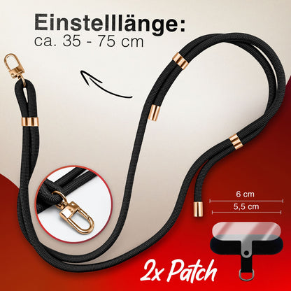 NALIA HoldMe Universal Handykette für Smartphone & Handyhüllen, Nylon-Seil Verstellbar & Abnehmbar, Umhänge-Band, Handyband, Lanyard mit Karabiner & 2 Patches Schwarz NALIA Universal Handykette