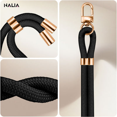 NALIA Universal Handykette für alle Smartphones – Premium Komfort-Nylon & 2 Patches – HOLDME (Geflochtenes Lanyard mit Gold-Karabiner) – Marke aus Berlin Schwarz NALIA Universal Handykette