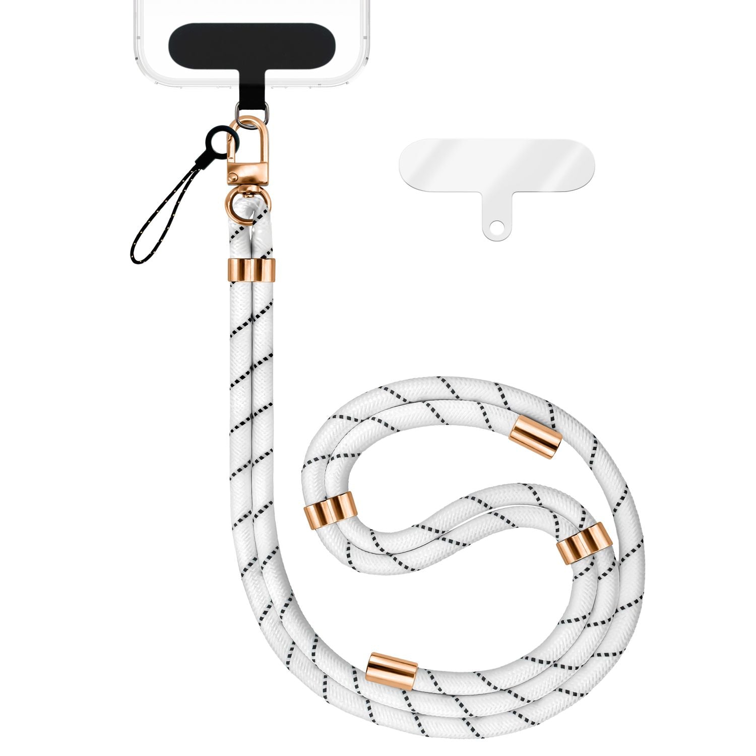 NALIA HoldMe Universal Handykette für Smartphone & Handyhüllen, Nylon-Seil Verstellbar & Abnehmbar, Umhänge-Band, Handyband, Lanyard mit Karabiner & 2 Patches Weiß NALIA Universal Handykette