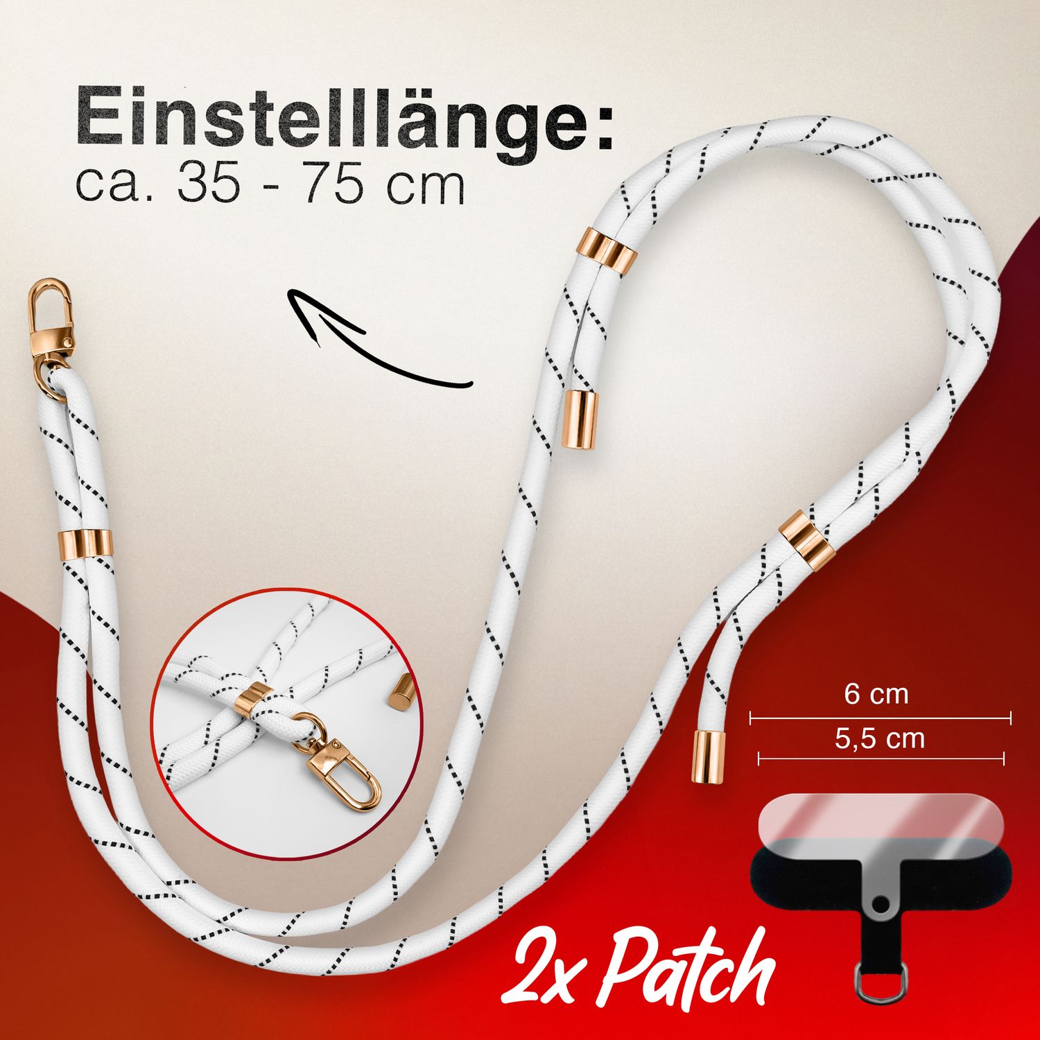NALIA HoldMe Universal Handykette für Smartphone & Handyhüllen, Nylon-Seil Verstellbar & Abnehmbar, Umhänge-Band, Handyband, Lanyard mit Karabiner & 2 Patches Weiß NALIA Universal Handykette