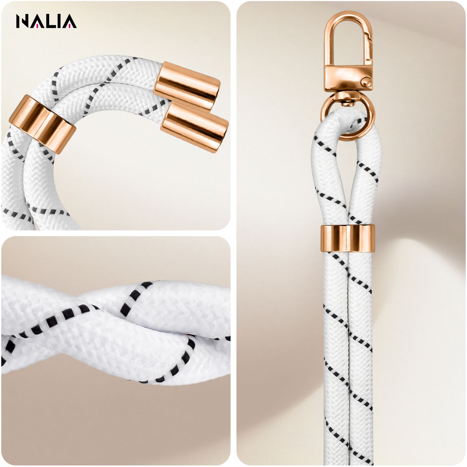 NALIA HoldMe Universal Handykette für Smartphone & Handyhüllen, Nylon-Seil Verstellbar & Abnehmbar, Umhänge-Band, Handyband, Lanyard mit Karabiner & 2 Patches Weiß NALIA Universal Handykette