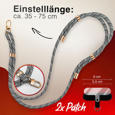 NALIA Universal Handykette für alle Smartphones – Premium Komfort-Nylon & 2 Patches – HOLDME (Geflochtenes Lanyard mit Gold-Karabiner) – Marke aus Berlin Schwarz Weiß NALIA Universal Handykette