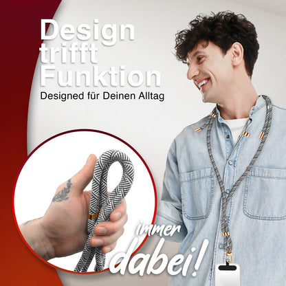 NALIA HoldMe Universal Handykette für Smartphone & Handyhüllen, Nylon-Seil Verstellbar & Abnehmbar, Umhänge-Band, Handyband, Lanyard mit Karabiner & 2 Patches Schwarz Weiß NALIA Universal Handykette