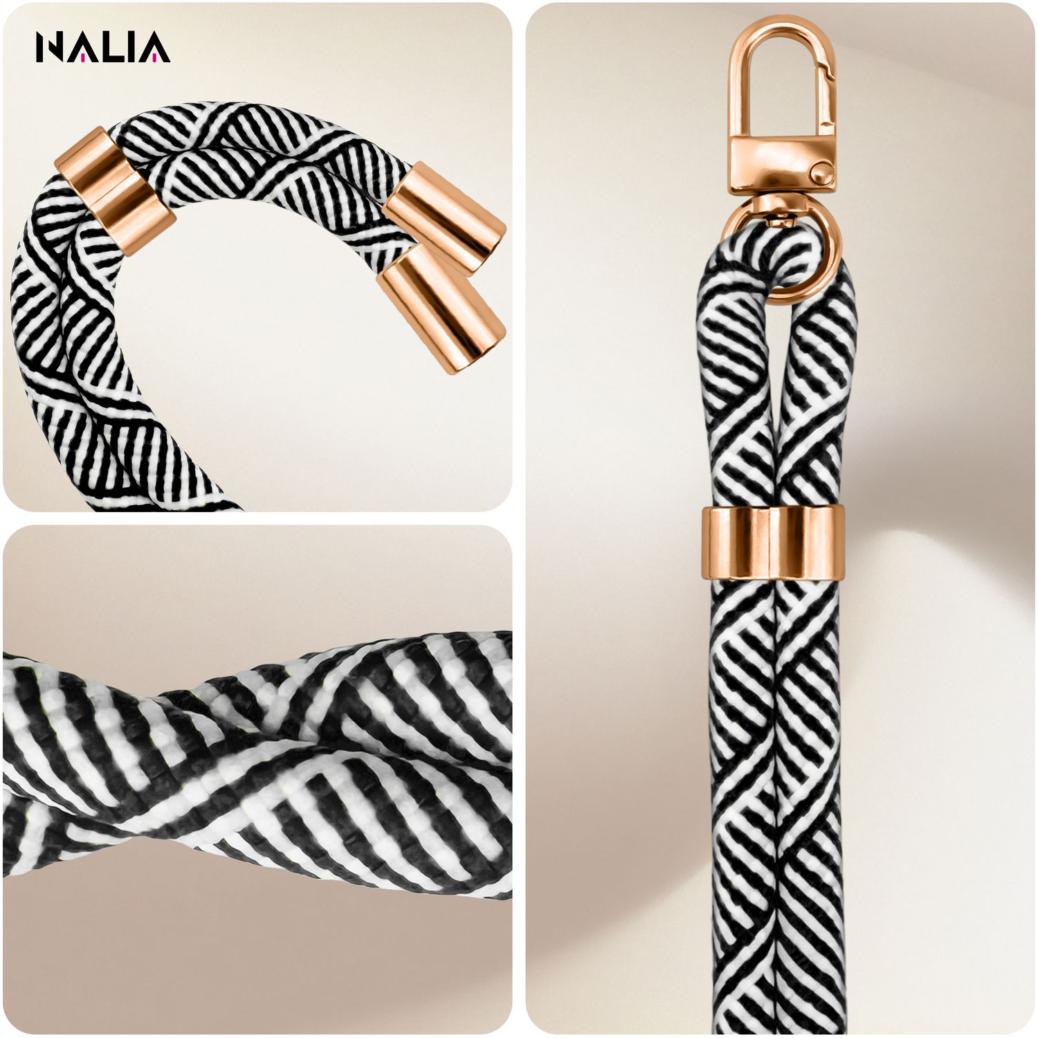 NALIA HoldMe Universal Handykette für Smartphone & Handyhüllen, Nylon-Seil Verstellbar & Abnehmbar, Umhänge-Band, Handyband, Lanyard mit Karabiner & 2 Patches Schwarz Weiß NALIA Universal Handykette