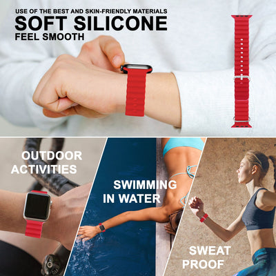 NALIA Smart Watch Armband OCEAN Style kompatibel mit Apple Watch Ultra/SE & Series 8/7/6/5/4/3/2/1, 42mm 44mm 45mm 49mm, iWatch Sport Uhr Ersatzarmband Damen Herren, Silikon Riemen Rot NALIA Silikon Armband