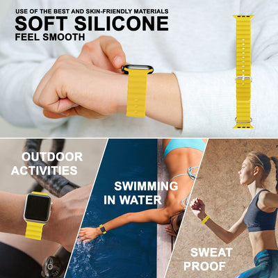 NALIA Smart Watch Armband OCEAN Style kompatibel mit Apple Watch Ultra/SE & Series 8/7/6/5/4/3/2/1, 42mm 44mm 45mm 49mm, iWatch Sport Uhr Ersatzarmband Damen Herren, Silikon Riemen Gelb NALIA Silikon Armband