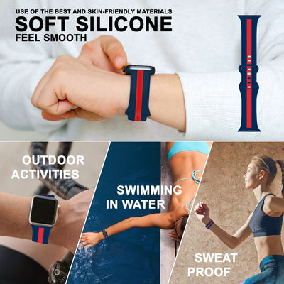 NALIA Gestreiftes Silikon Smart-Watch Ersatzarmband kompatibel mit Apple Watch Armband Ultra/SE & Series 8/7/6/5/4/3/2/1, 42 44 45 49mm, iWatch Fitnessarmband Damen & Herren Blau Rot NALIA Silikon Armband