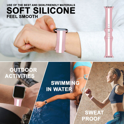 NALIA Gestreiftes Silikon Smart-Watch Ersatzarmband kompatibel mit Apple Watch Armband Ultra/SE & Series 8/7/6/5/4/3/2/1, 42 44 45 49mm, iWatch Fitnessarmband Damen & Herren Pink Weiß NALIA Silikon Armband