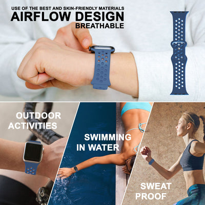 NALIA Gelochtes Silikon Smart-Watch Ersatzarmband kompatibel mit Apple Watch Armband Ultra/SE & Series 8/7/6/5/4/3/2/1, 42mm 44mm 45mm 49mm, iWatch Fitnessarmband Damen & Herren Mittel Blau NALIA Silikon Armband