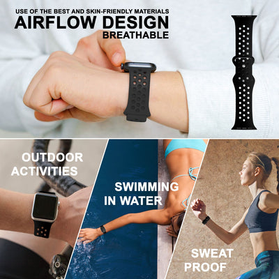 NALIA Gelochtes Silikon Smart-Watch Ersatzarmband kompatibel mit Apple Watch Armband Ultra/SE & Series 8/7/6/5/4/3/2/1, 42mm 44mm 45mm 49mm, iWatch Fitnessarmband Damen & Herren Schwarz NALIA Silikon Armband