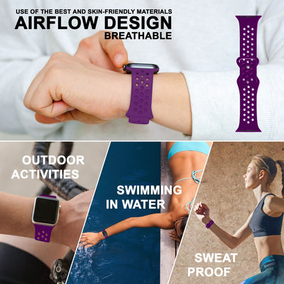 NALIA Gelochtes Silikon Smart-Watch Ersatzarmband kompatibel mit Apple Watch Armband Ultra/SE & Series 8/7/6/5/4/3/2/1, 42mm 44mm 45mm 49mm, iWatch Fitnessarmband Damen & Herren Dunkel-Lila NALIA Silikon Armband