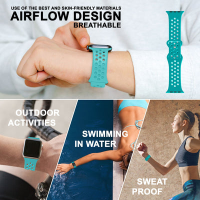 NALIA Gelochtes Silikon Smart-Watch Ersatzarmband kompatibel mit Apple Watch Armband Ultra/SE & Series 8/7/6/5/4/3/2/1, 42mm 44mm 45mm 49mm, iWatch Fitnessarmband Damen & Herren Türkis NALIA Silikon Armband