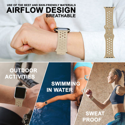 NALIA Gelochtes Silikon Smart-Watch Ersatzarmband kompatibel mit Apple Watch Armband Ultra/SE & Series 8/7/6/5/4/3/2/1, 42mm 44mm 45mm 49mm, iWatch Fitnessarmband Damen & Herren Beige NALIA Silikon Armband