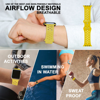NALIA Gelochtes Silikon Smart-Watch Ersatzarmband kompatibel mit Apple Watch Armband Ultra/SE & Series 8/7/6/5/4/3/2/1, 42mm 44mm 45mm 49mm, iWatch Fitnessarmband Damen & Herren Gelb NALIA Silikon Armband