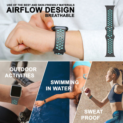 NALIA Silikon Smart Watch Armband Airflow-Löcher kompatibel mit Apple Watch Armband SE & Series 8/7/6/5/4/3/2/1, 38mm 40mm 41mm, iWatch Sport-Band Damen Herren Grau Türkis NALIA Silikon Armband