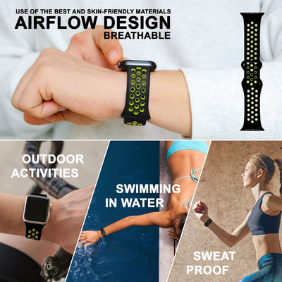NALIA Silikon Smart Watch Armband Airflow-Löcher kompatibel mit Apple Watch Armband Ultra/SE & Series 8/7/6/5/4/3/2/1, 42mm 44mm 45mm 49mm, iWatch Sport-Band Damen Herren Schwarz Gelb NALIA Silikon Armband