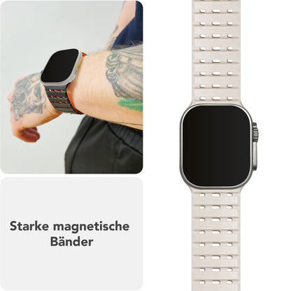 NALIA Volt Armband für Apple Watch Series Ultra/SE/10/9/8/7/6/5/4/3/2/1, Gehäusegröße 42/44/45/49mm, Silikon Magnet Loop Sportarmband mit Steck-Pin Verschluss Polarstern Sandweiss NALIA Silikon Armband