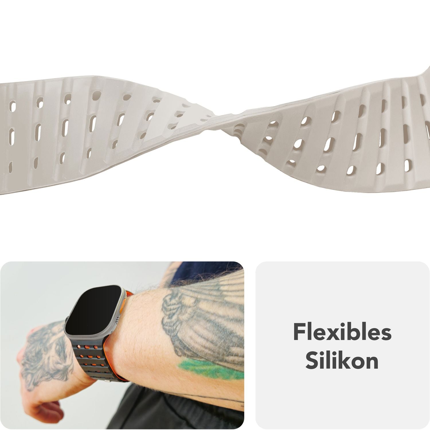 NALIA Volt Armband für Apple Watch Series Ultra/SE/10/9/8/7/6/5/4/3/2/1, Gehäusegröße 42/44/45/49mm, Silikon Magnet Loop Sportarmband mit Steck-Pin Verschluss Polarstern Sandweiss NALIA Silikon Armband