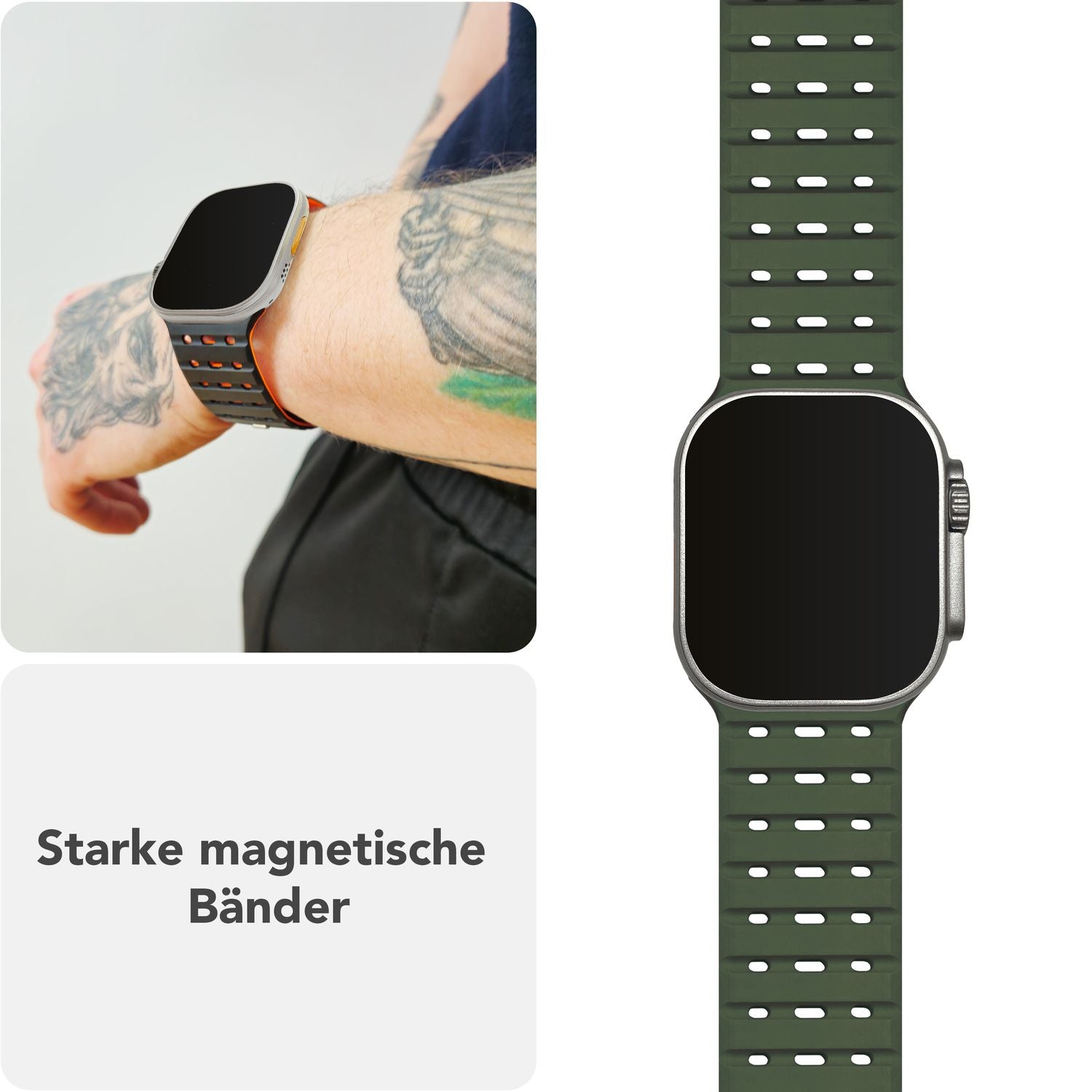 NALIA Volt Armband für Apple Watch Series Ultra/SE/10/9/8/7/6/5/4/3/2/1, Gehäusegröße 42/44/45/49mm, Silikon Magnet Loop Sportarmband mit Steck-Pin Verschluss Waldgrün NALIA Silikon Armband