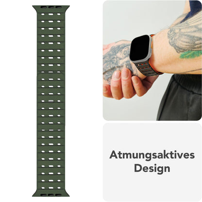 NALIA Volt Armband für Apple Watch Series Ultra/SE/10/9/8/7/6/5/4/3/2/1, Gehäusegröße 42/44/45/49mm, Silikon Magnet Loop Sportarmband mit Steck-Pin Verschluss Waldgrün NALIA Silikon Armband